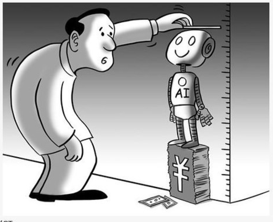 cartoon of a person measuring the height of a robot - exemplifying our mistaken priorities for AI implementations