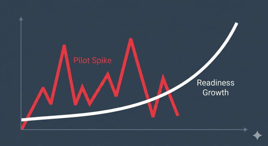 Image showing spike in KPIs caused by pilots, vs steady growth